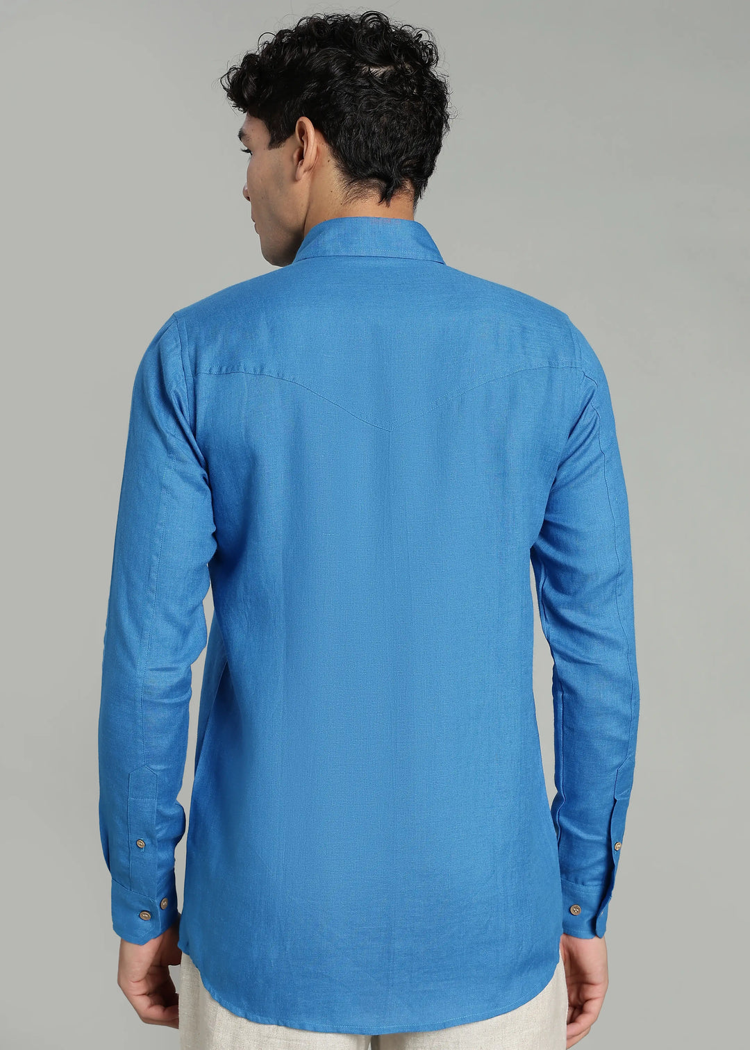 Thomas - Men's Pure Linen Double Pocket Full Sleeve Shirt - Swedish Blue