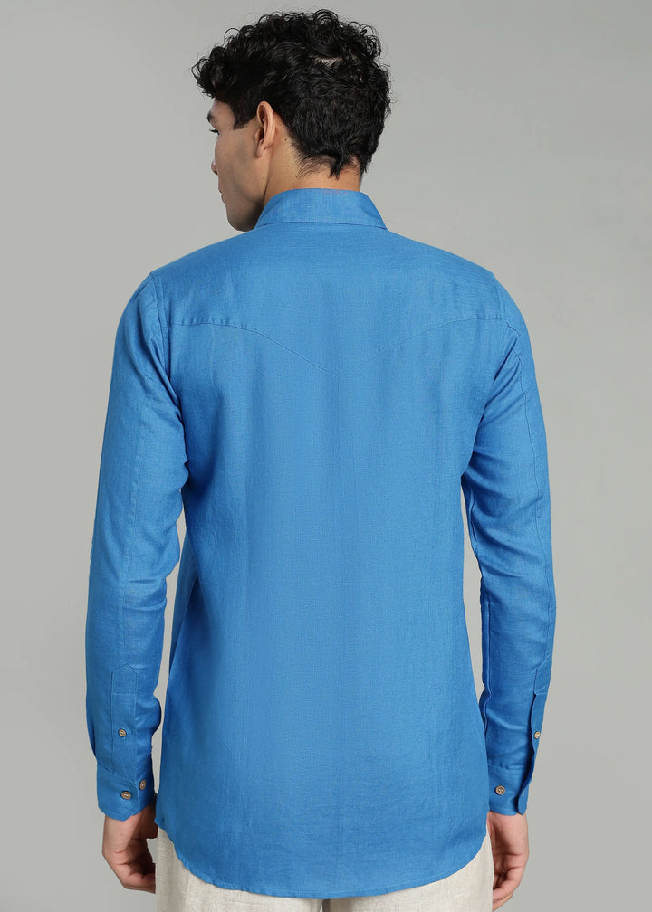Thomas - Men's Pure Linen Double Pocket Full Sleeve Shirt - Swedish Blue
