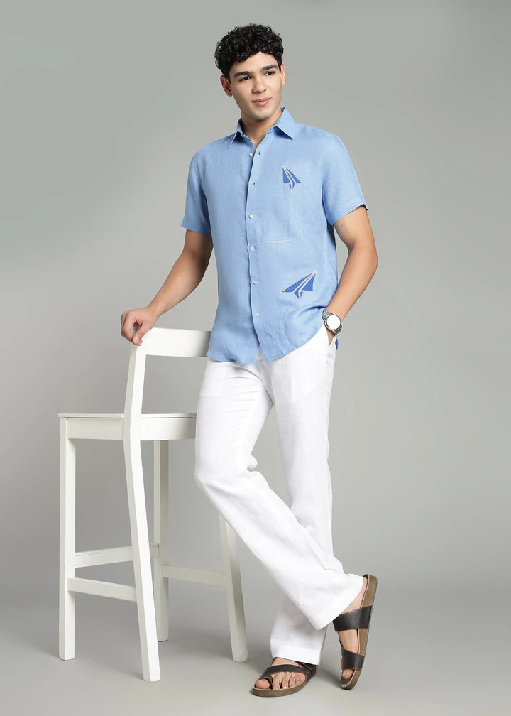 Aether - Pure Linen Appliqué Half Sleeve Shirt - Olympic Blue