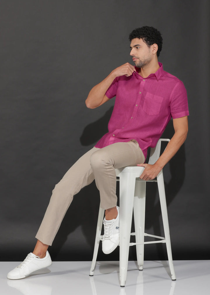 Harvey - Pure Linen Half Sleeve Shirt - Raspberry Pink