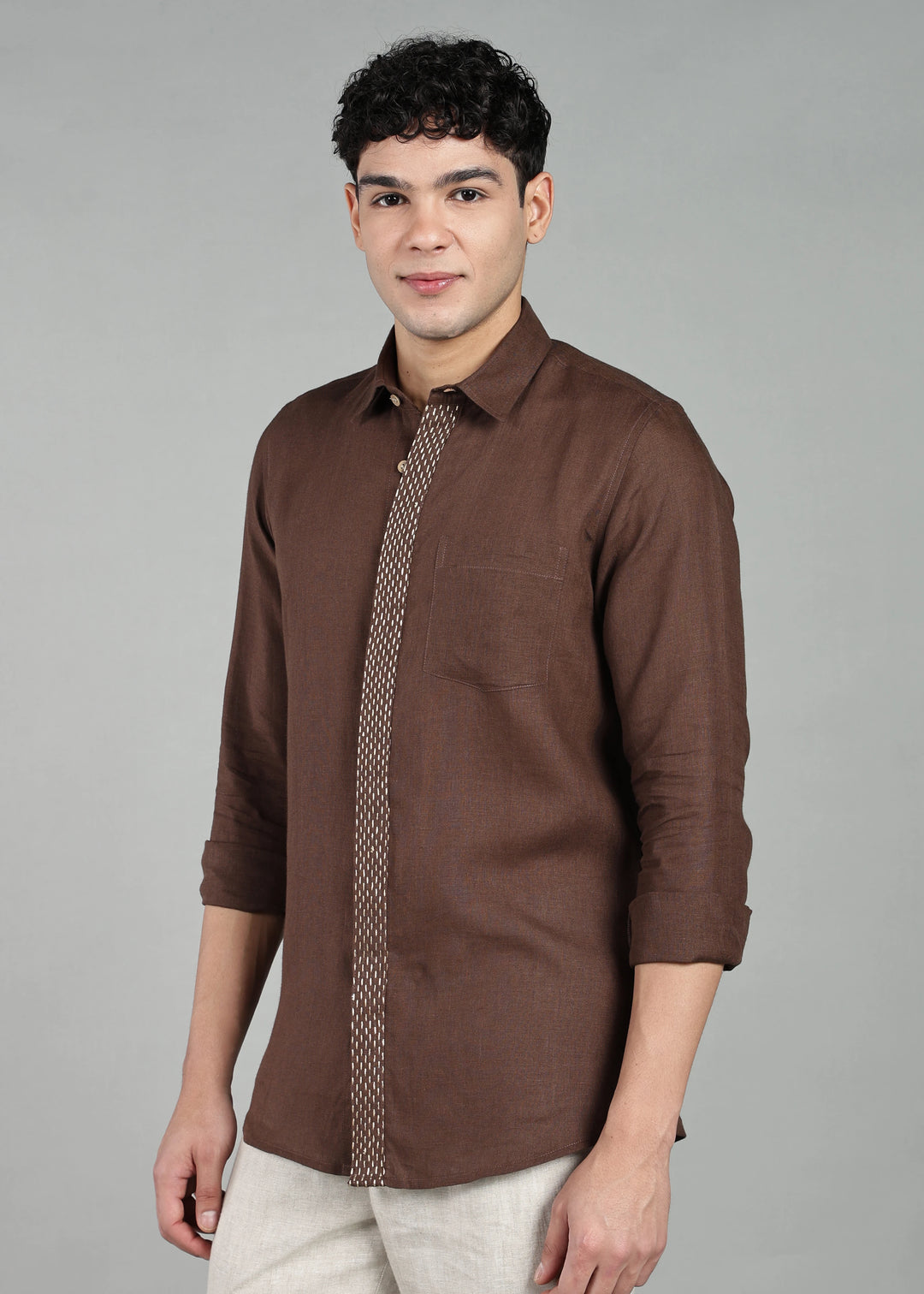 Grove - Full Sleeve Shirt with Hand Embroidered Concealed Placket - Coffee Brown