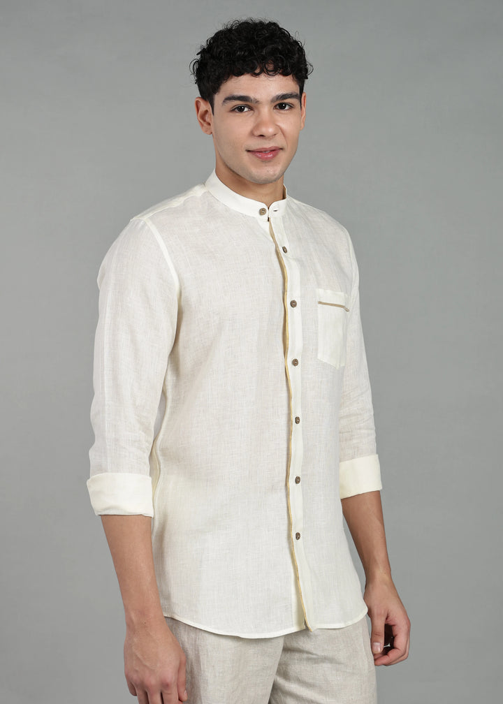 Kiran - Full Sleeve Shirt with Kasavu Inset Detail  - Creme White