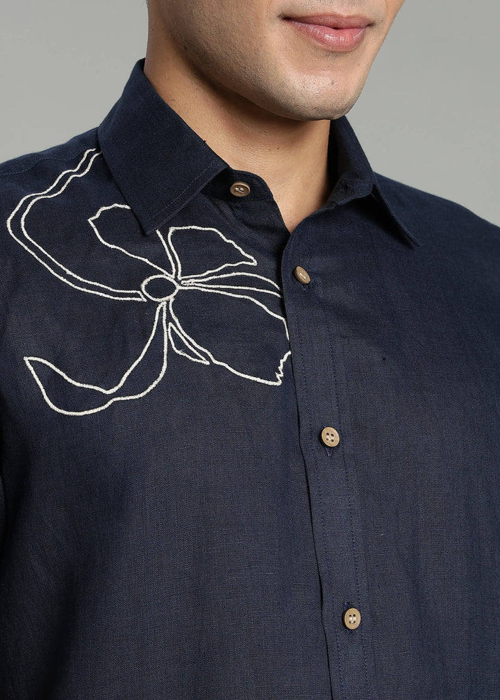 Iris - Pure Linen Appliqué Half Sleeve Shirt - Dark Blue