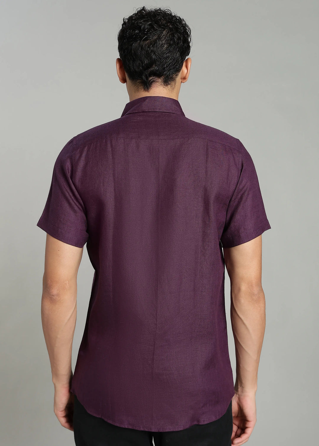 Juno - Pure Linen Appliqué Half Sleeve Shirt - Dark Purple