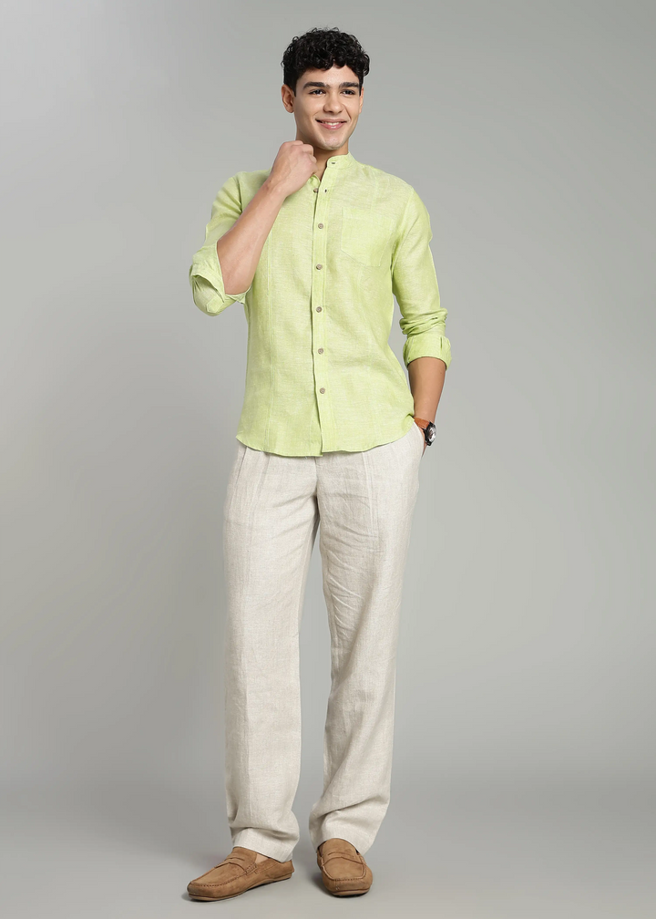 Trevor - Pure Linen Mandarin Collar Full Sleeve Shirt - Light Green Chambray