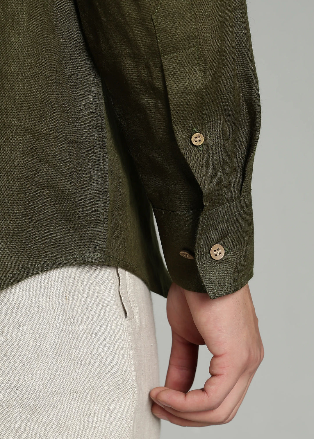 Pedro - Collarless Pure Linen Full Sleeve Shirt - Moss Green