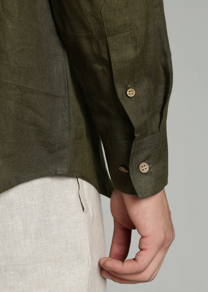 Pedro - Collarless Pure Linen Full Sleeve Shirt - Moss Green