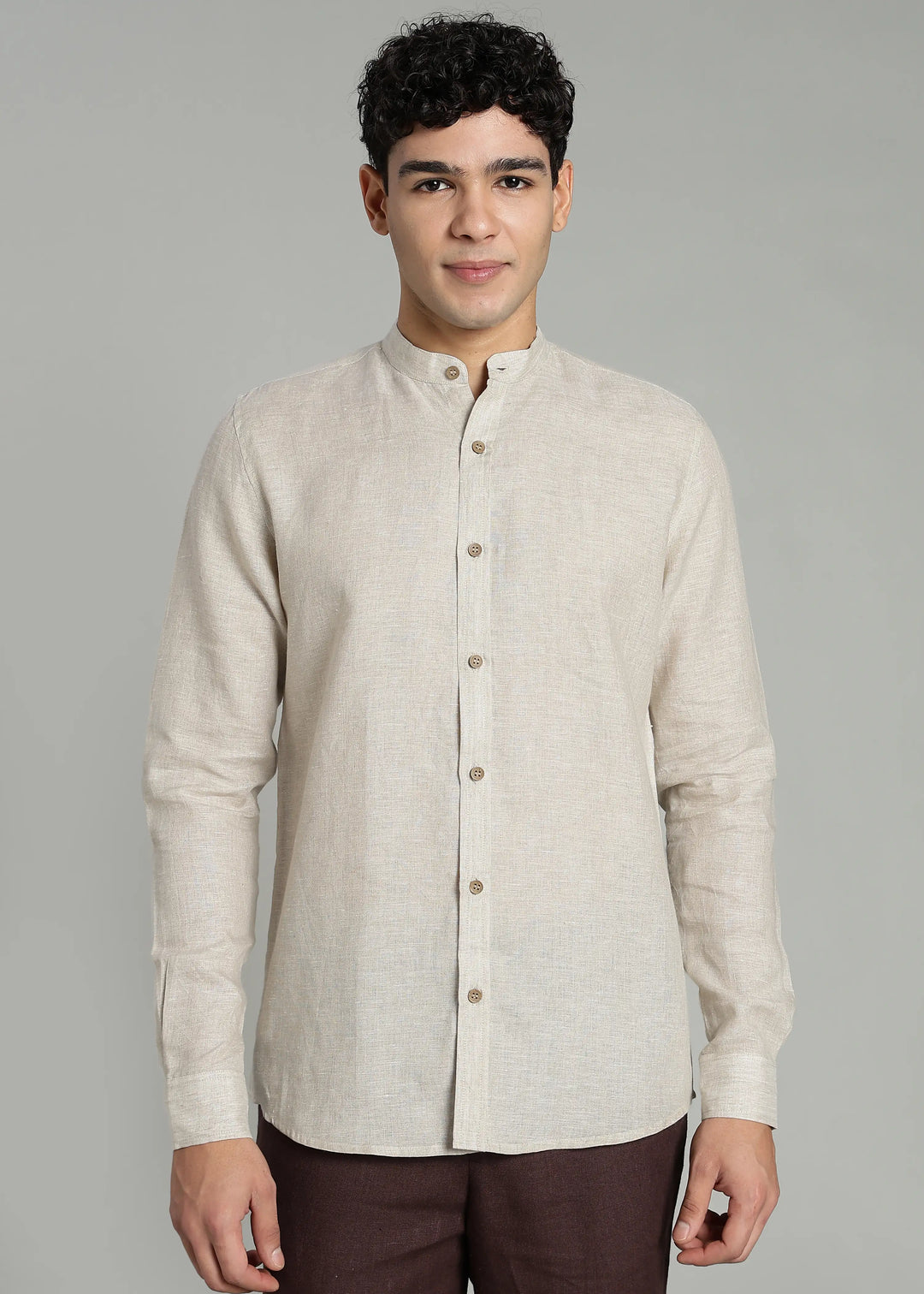 Ronan - Pure Linen Mandarin Collar Full Sleeve Shirt - Ecru