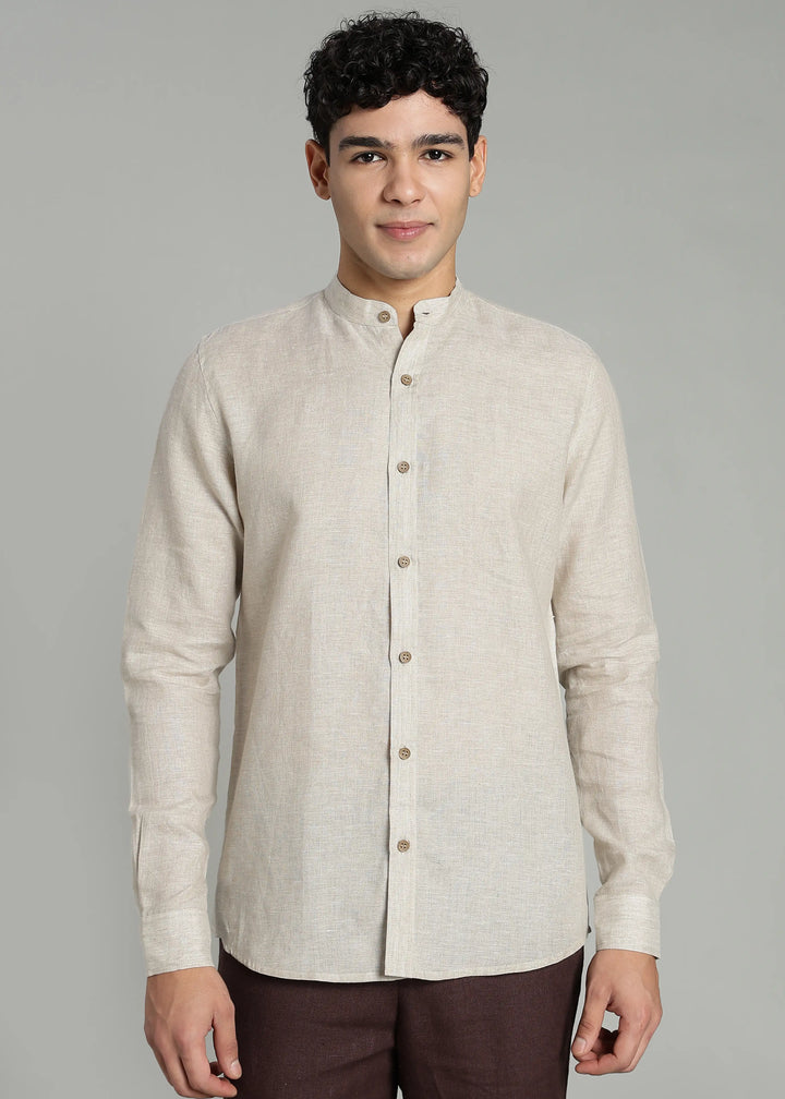 Ronan - Pure Linen Mandarin Collar Full Sleeve Shirt - Ecru