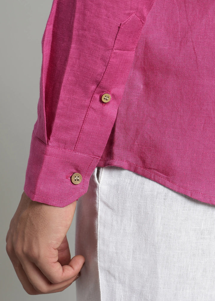Craig - Pure Linen V Neck Full Sleeve Shirt - Raspberry Pink