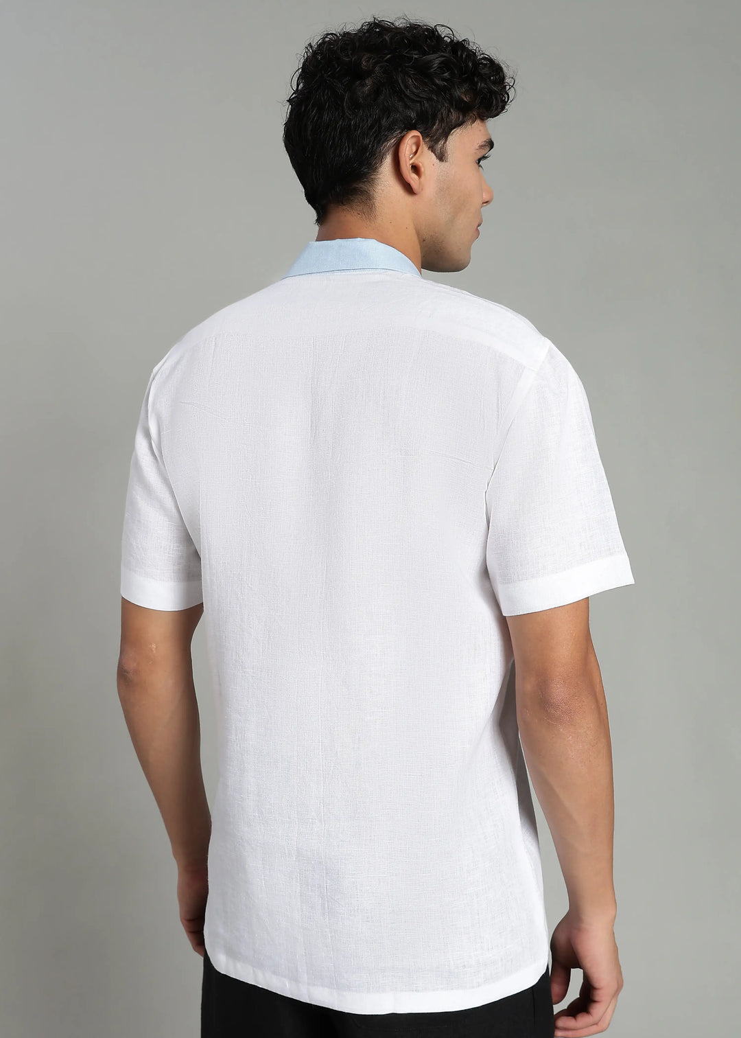 Eliot - Contrast Cuban Collar Pure Linen Half Sleeve Shirt - White