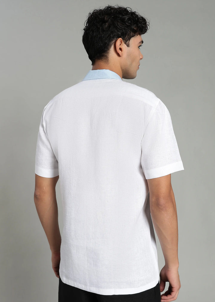 Eliot - Contrast Cuban Collar Pure Linen Half Sleeve Shirt - White
