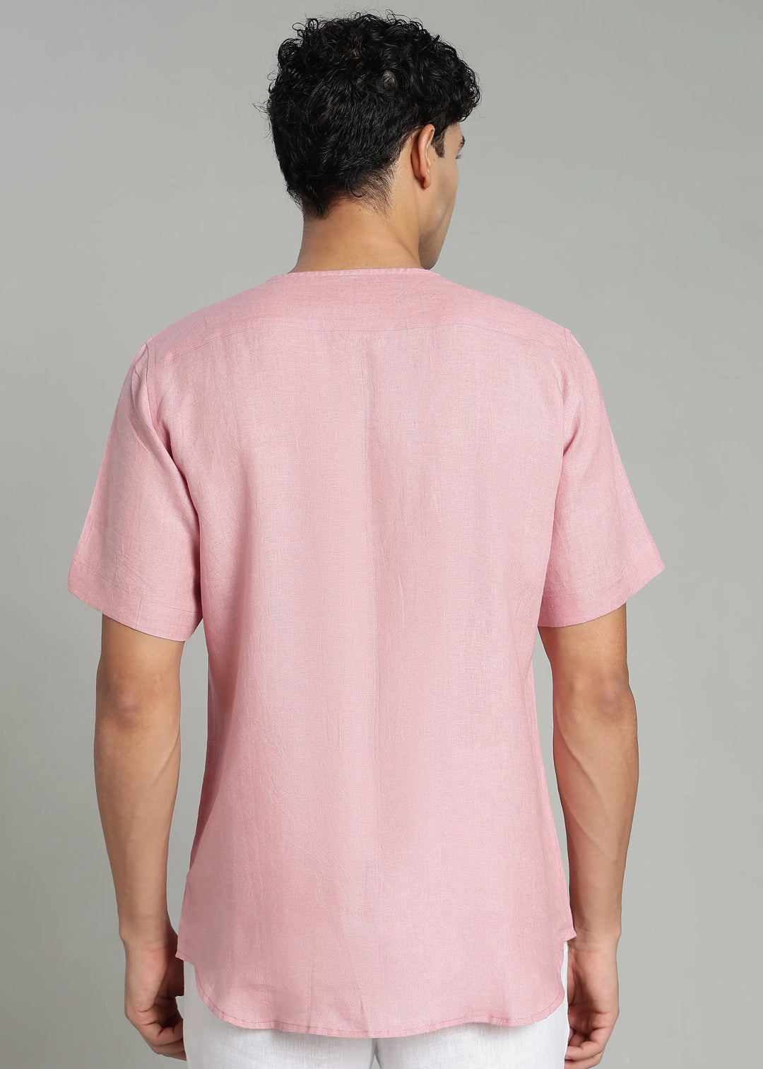 Pedro - Collarless Pure Linen Half Sleeve Shirt - Salmon Pink