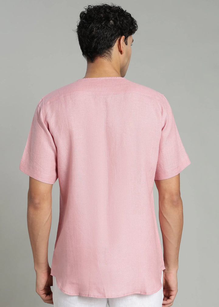 Pedro - Collarless Pure Linen Half Sleeve Shirt - Salmon Pink
