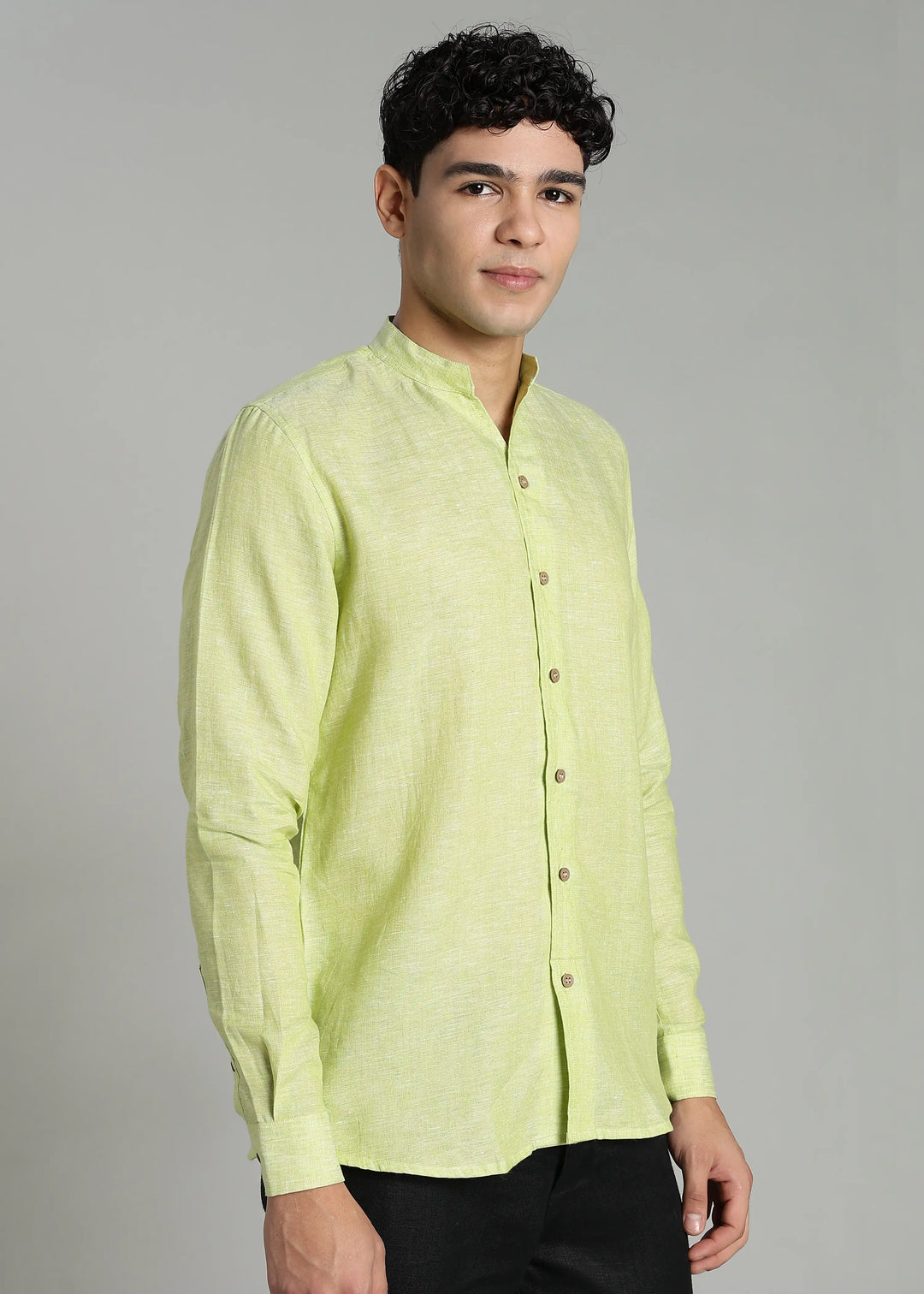 Craig - Pure Linen V Neck Full Sleeve Shirt - Light Green Chambray