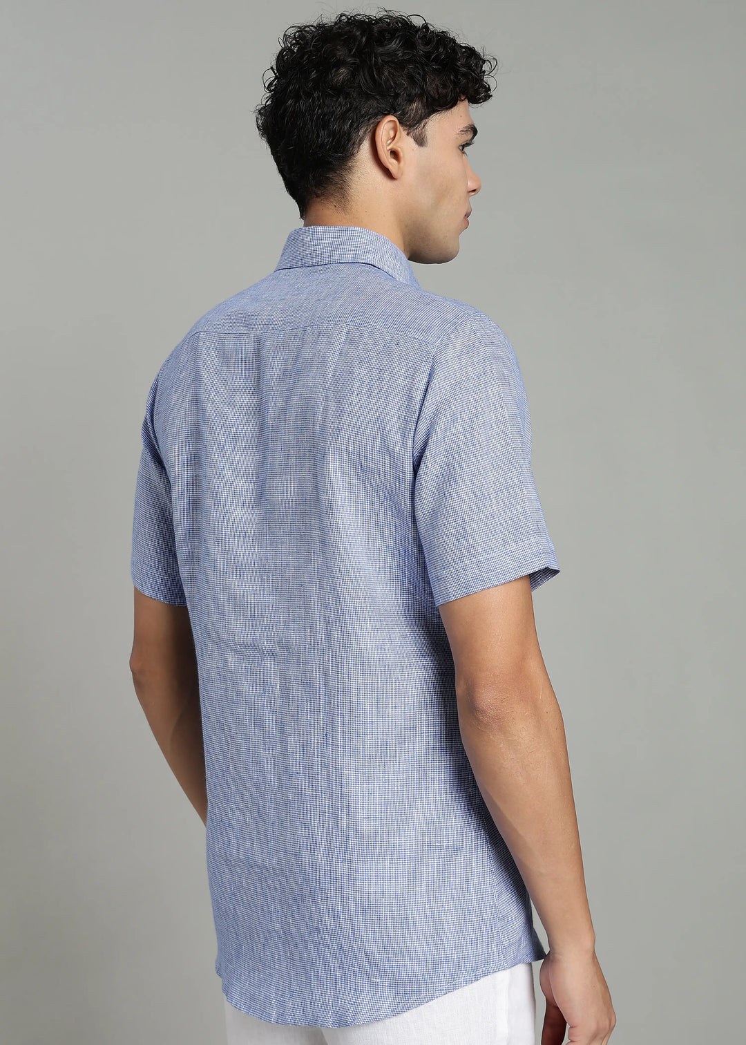 Ted - Pure Linen Short Sleeve Shirt - Blue Houndstooth