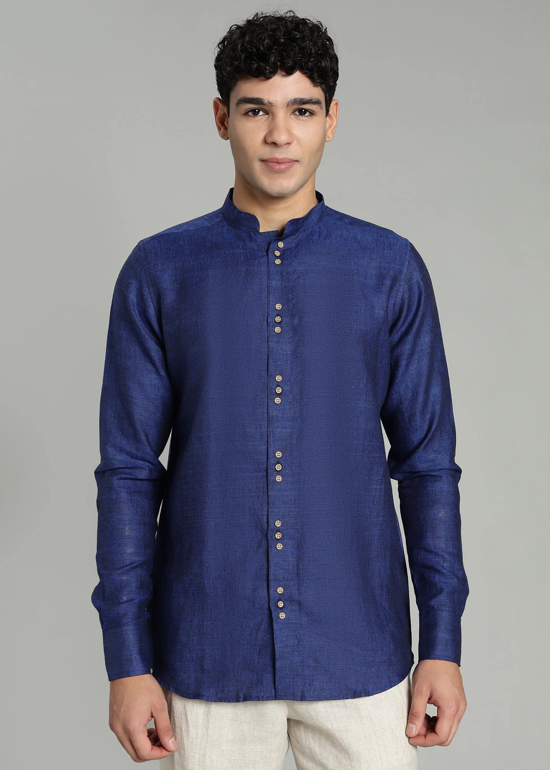 Flint - Pure Linen Shirt with Mandarin Collar & Trio Button Detail - Prussian Blue
