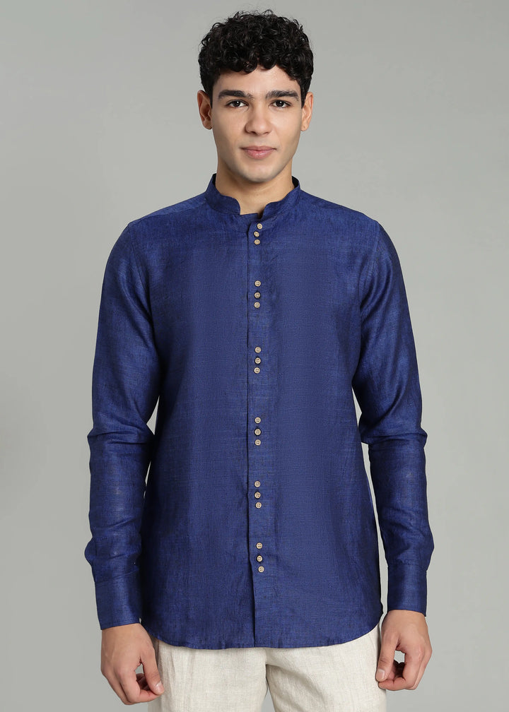 Flint - Pure Linen Shirt with Mandarin Collar & Trio Button Detail - Prussian Blue