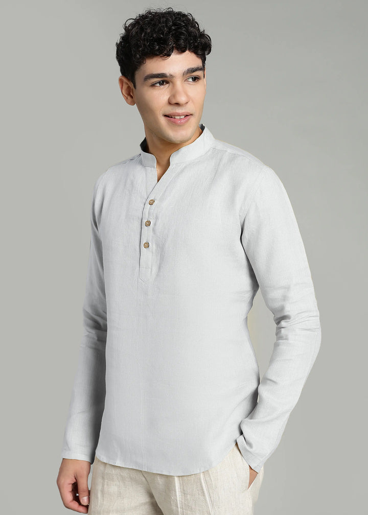 Zaeden - Pure Linen V Neck Full Sleeve Short Kurta Shirt - White
