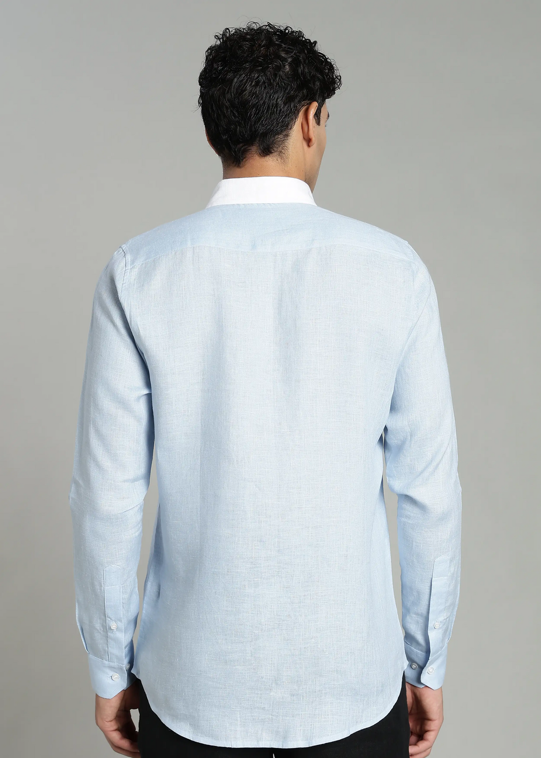Bruce - Pure Linen Full Sleeve Contrast Regular Collar Shirt - Sky Blue
