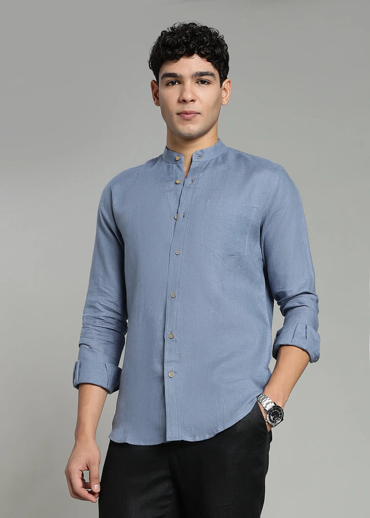 Aaron - Pure Linen Mandarin Collar Full Sleeve Shirt With Front Pocket - Blue Grey