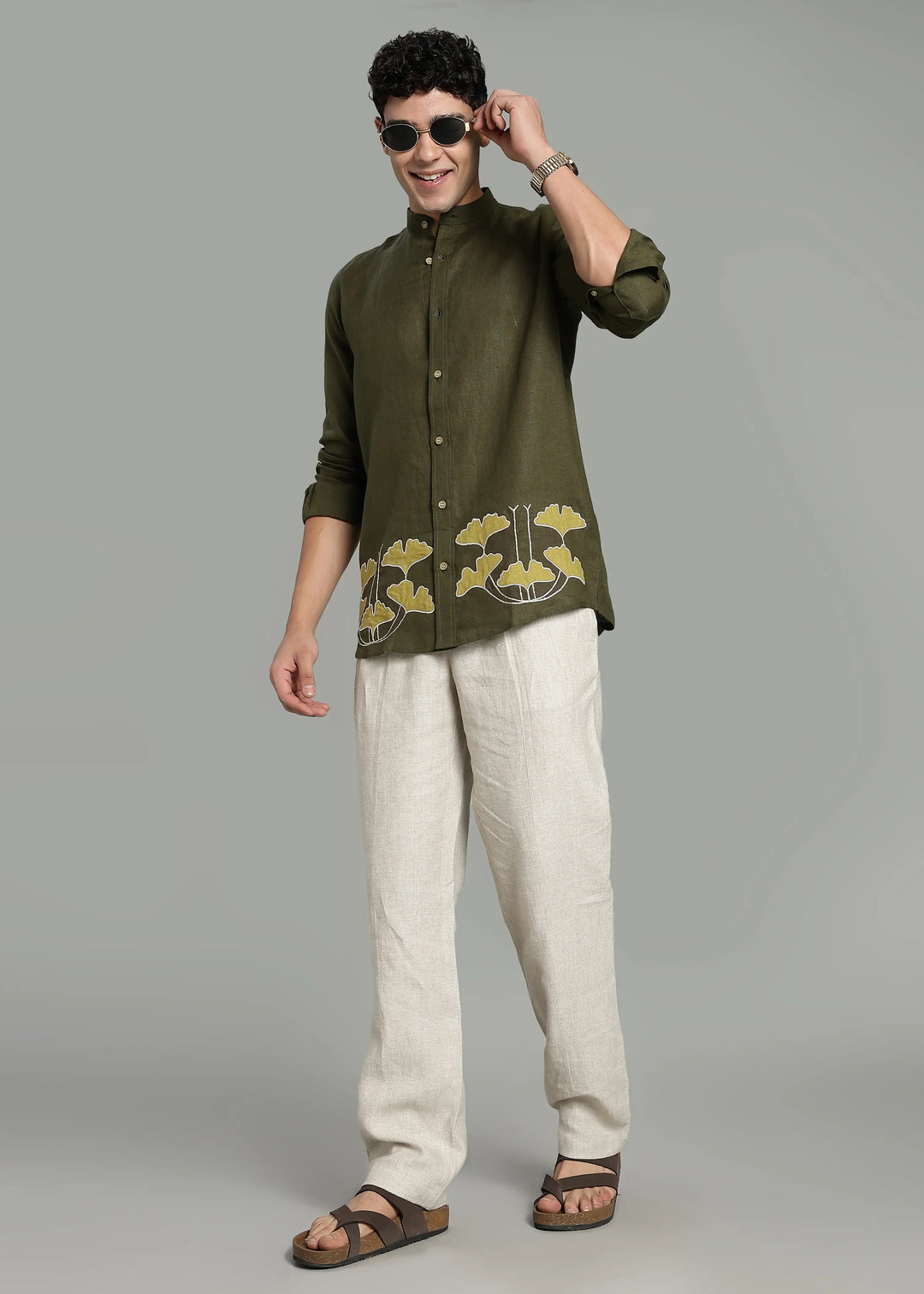 Clover – Pure Linen Appliqué Mandarin Collar Full Sleeve Shirt – Moss Green