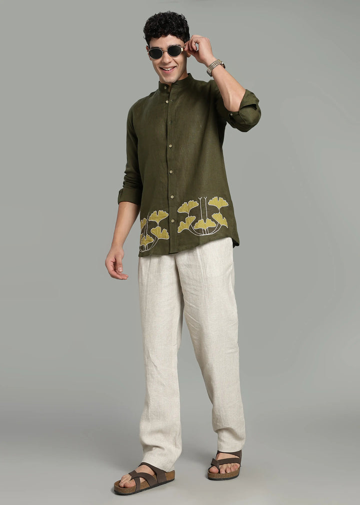 Clover – Pure Linen Appliqué Mandarin Collar Full Sleeve Shirt – Moss Green