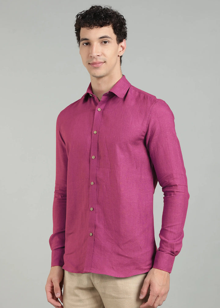 Ron - Pure Linen Full Sleeve Shirt - Raspberry Pink