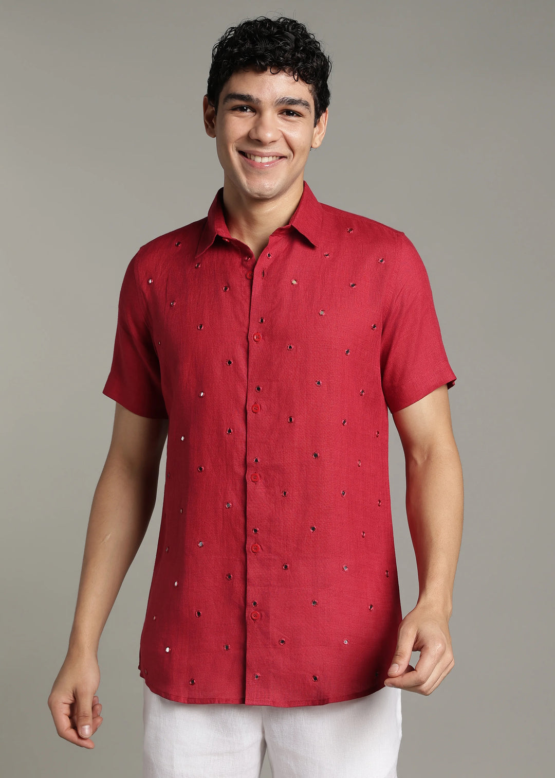 Aaina - Pure Linen Mirror Embroidered Half Sleeve Shirt - Mud Red