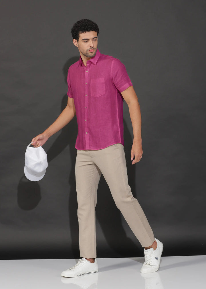 Harvey - Pure Linen Half Sleeve Shirt - Raspberry Pink