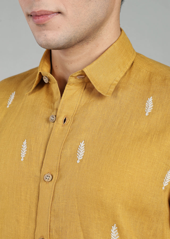 Touch Me Not - Pure Linen Half Sleeve Hand Embroidered Shirt - Sienna Brown
