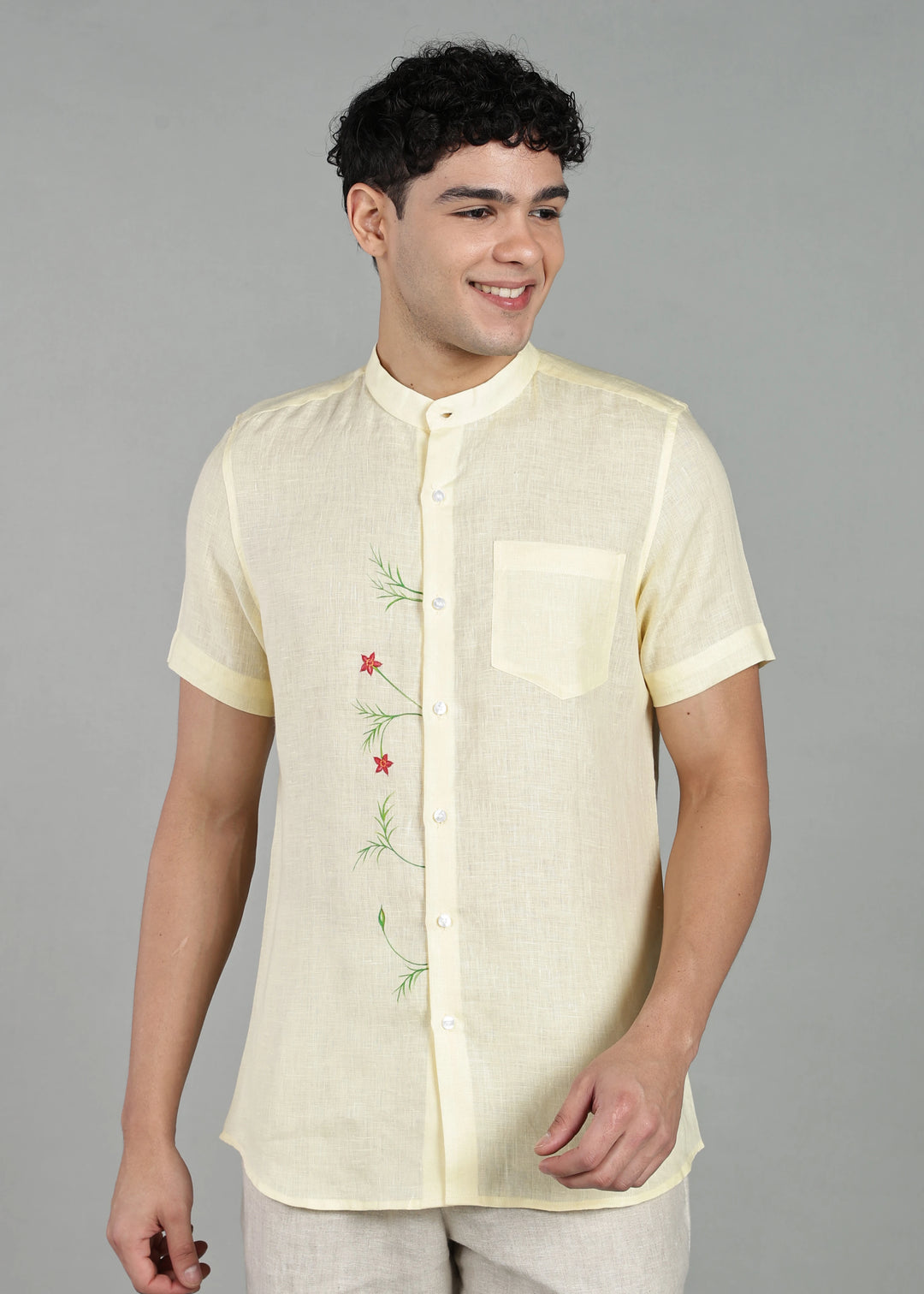Hand-Painted Chethi - Pure Linen Half Sleeve Mandarin Collar Shirt - Light Yellow