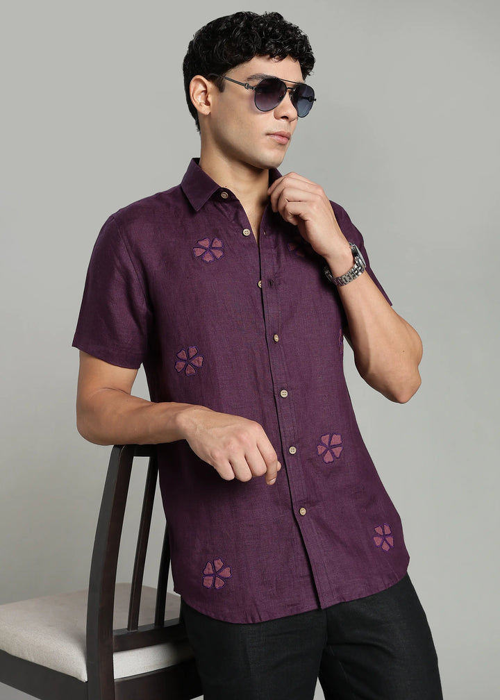 Juno - Pure Linen Appliqué Half Sleeve Shirt - Dark Purple