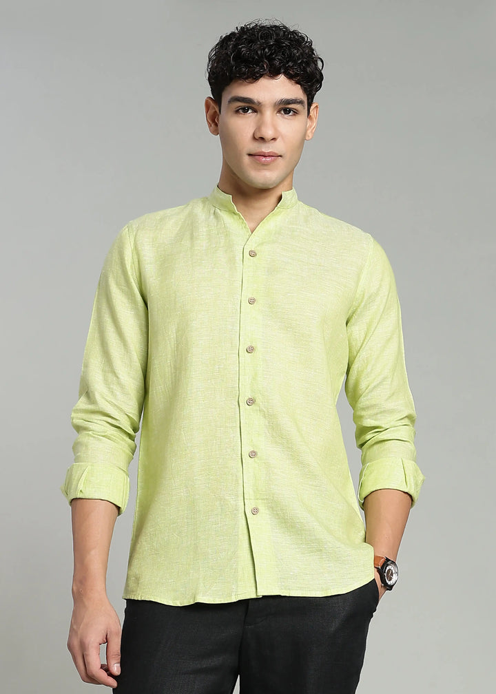Craig - Pure Linen V Neck Full Sleeve Shirt - Light Green Chambray