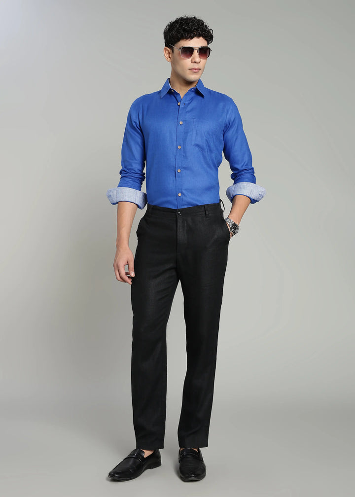Keith - Pure Linen Full Sleeve Shirt with Blue Houndstooth Collar Band and Cuff Detail - Egyptian Blue