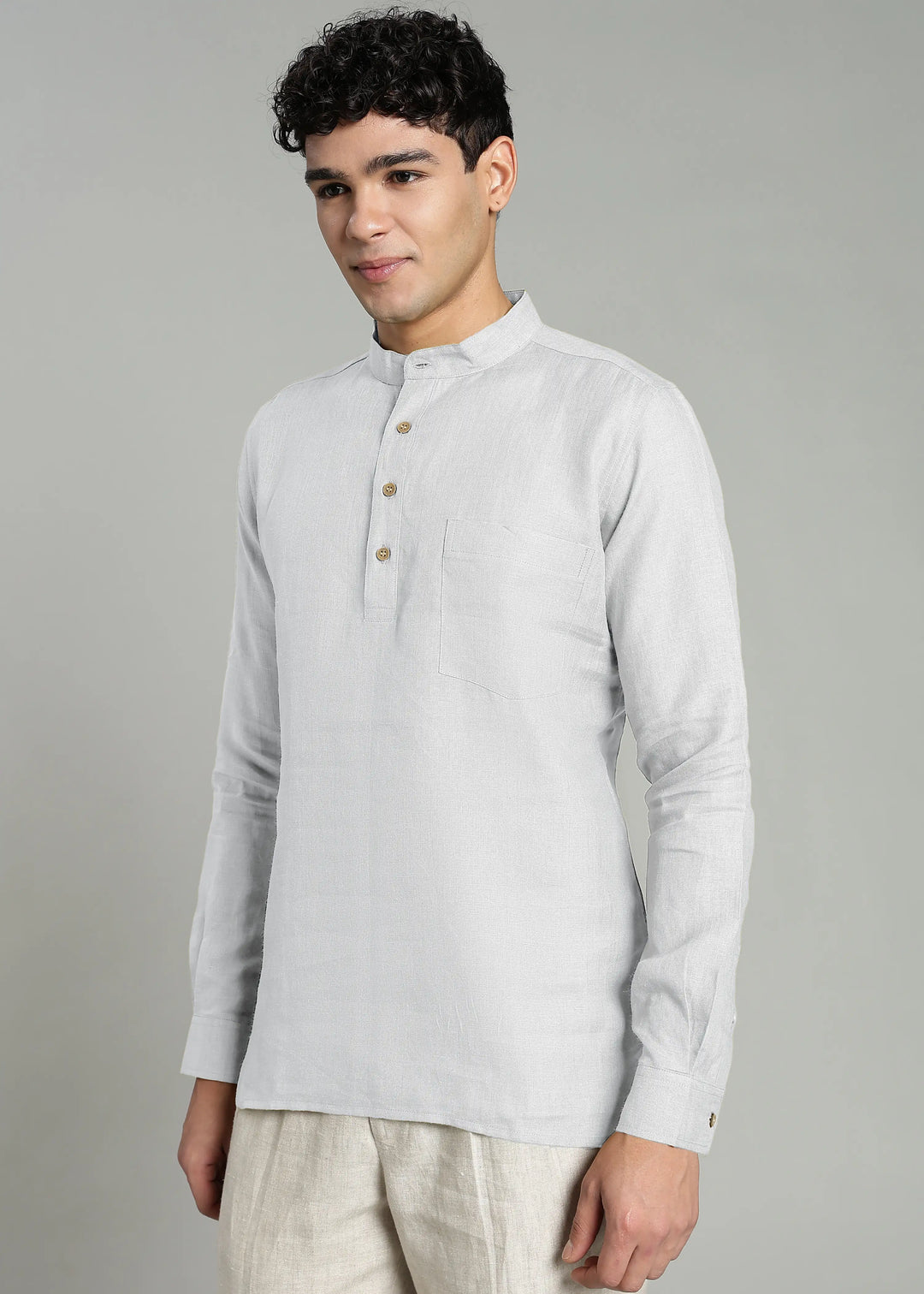 Samir - Pure Linen Full Sleeve Short Kurta Shirt with Cuff - White