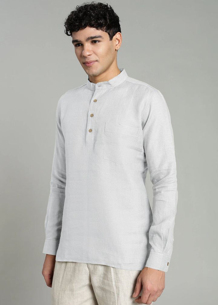 Samir - Pure Linen Full Sleeve Short Kurta Shirt with Cuff - White