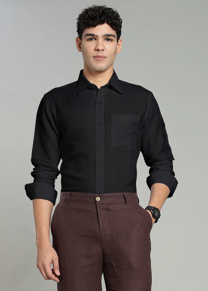 Victor - Pure Linen Full Sleeve Shirt With Box Pleat - Black