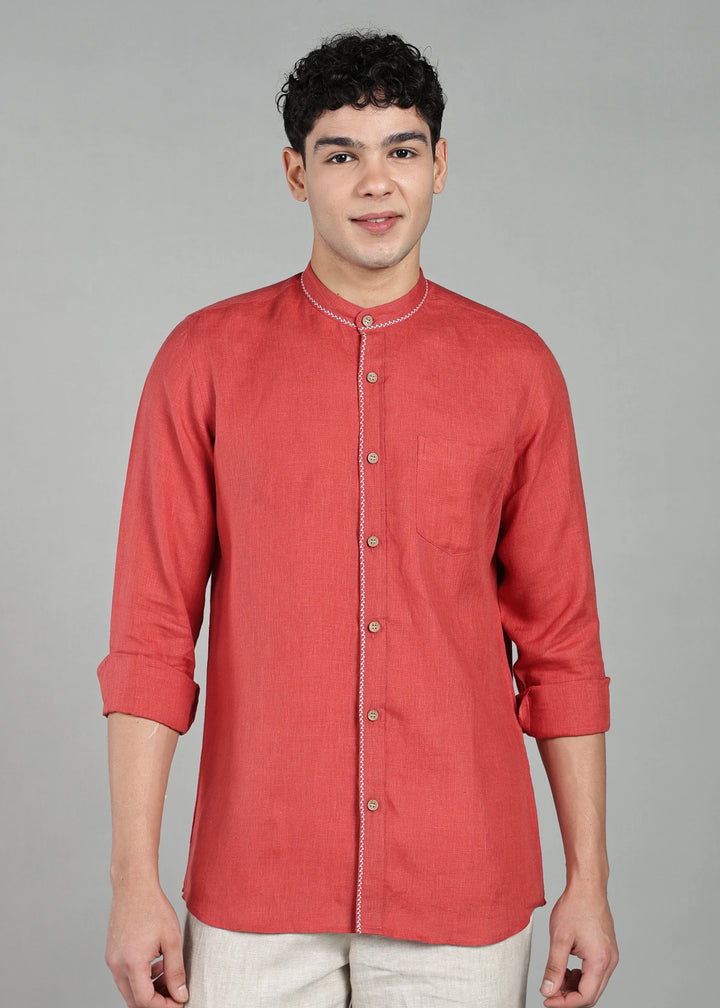 Oram - Pure Linen Full Sleeve Shirt - Terracotta Red