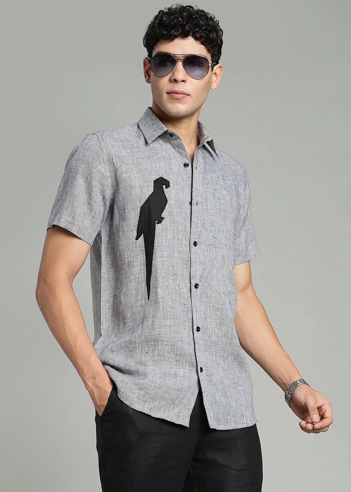 Jay - Pure Linen Appliqué Half Sleeve Shirt - Black Houndstooth