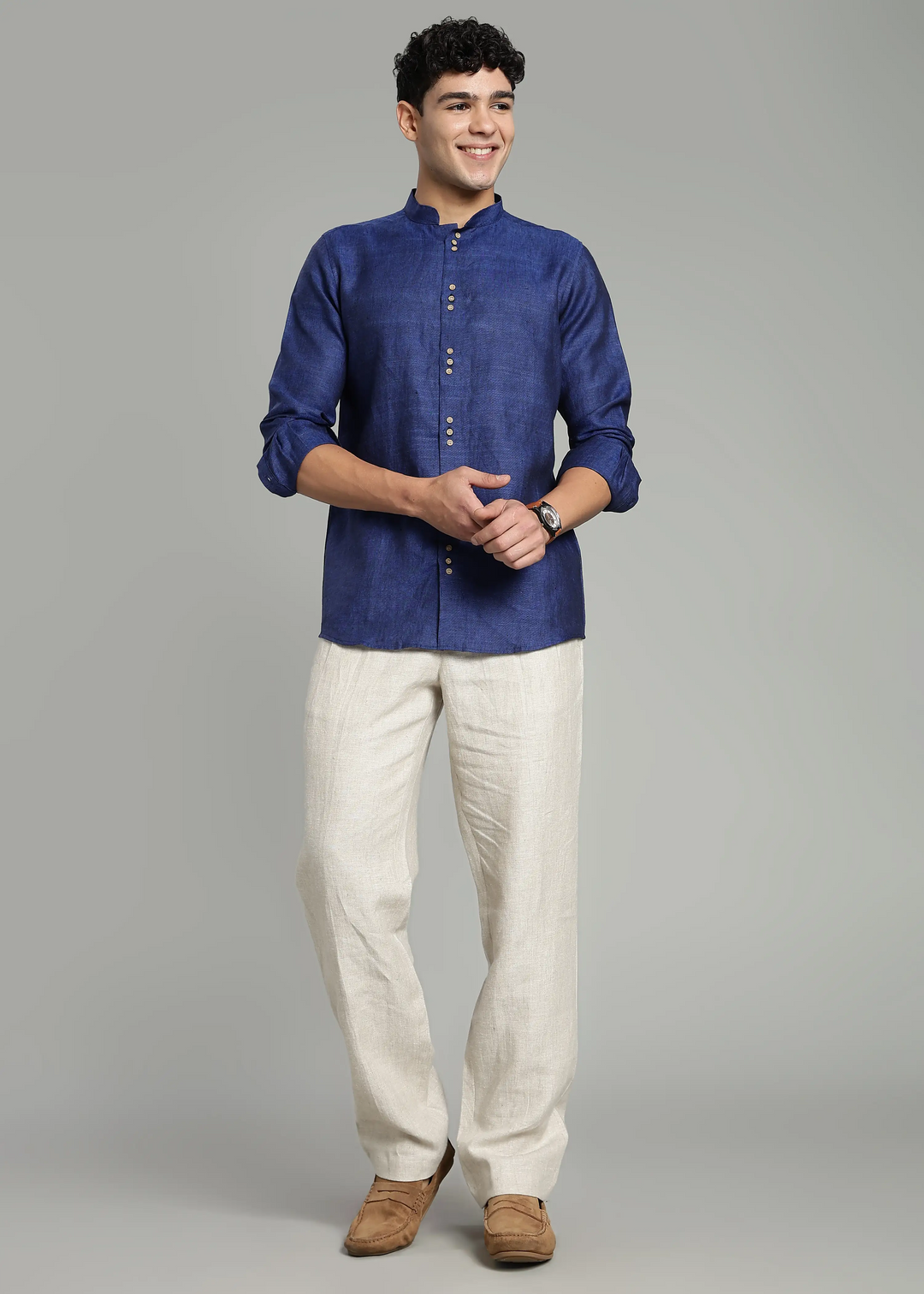 Flint - Pure Linen Shirt with Mandarin Collar & Trio Button Detail - Prussian Blue