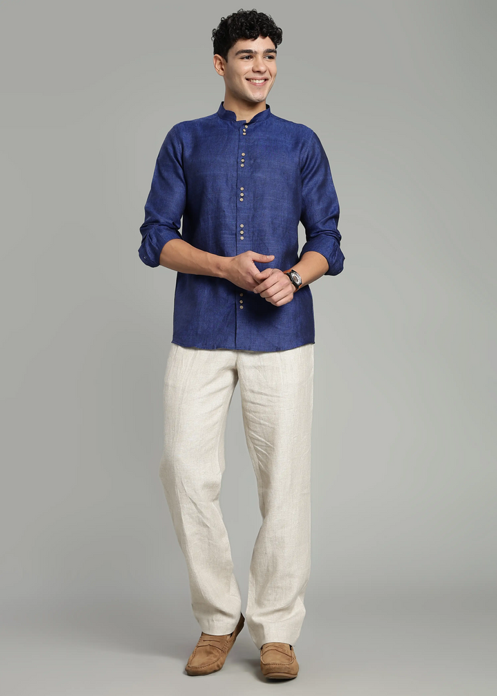 Flint - Pure Linen Shirt with Mandarin Collar & Trio Button Detail - Prussian Blue