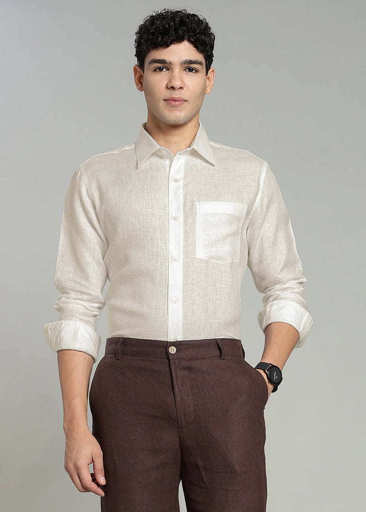 Victor - Pure Linen Full Sleeve Shirt With Box Pleat - Ecru