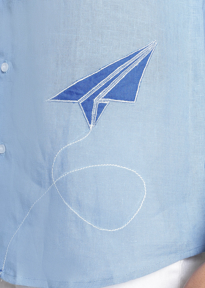 Aether - Pure Linen Appliqué Half Sleeve Shirt - Olympic Blue