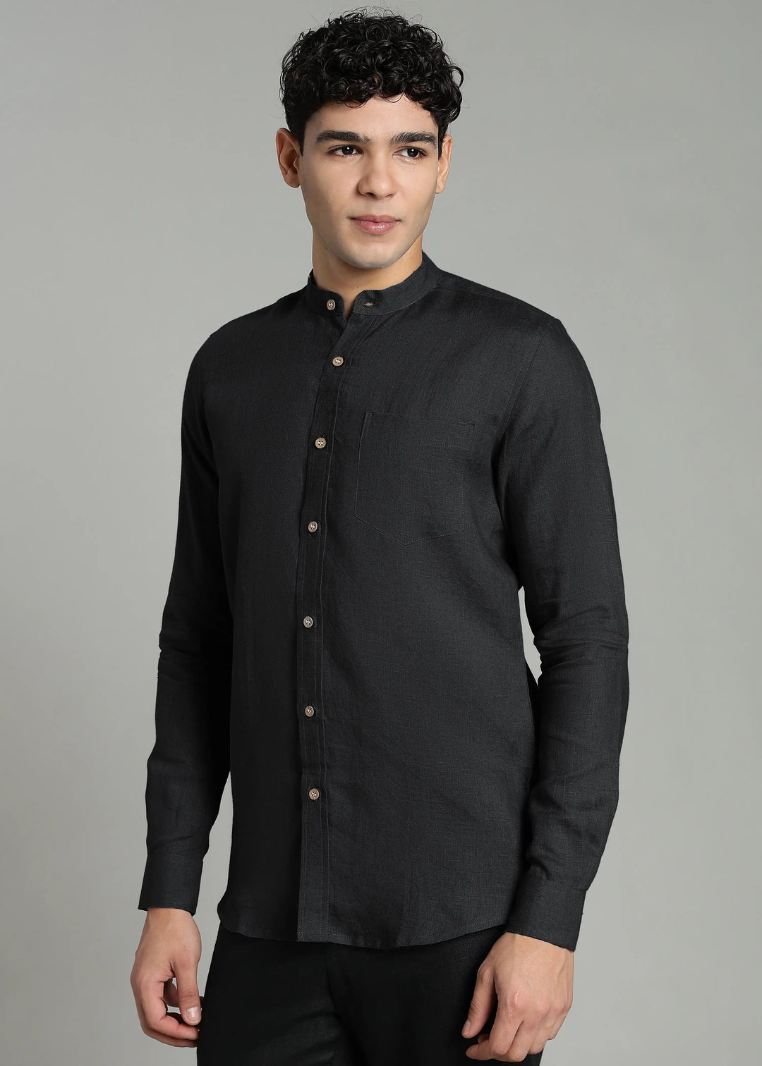 Aaron - Pure Linen Mandarin Collar Full Sleeve Shirt With Front Pocket - Black