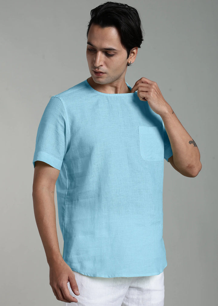 Simon - Pure Linen Stitch Detail Short Sleeve T-Shirt - Alaskan Blue