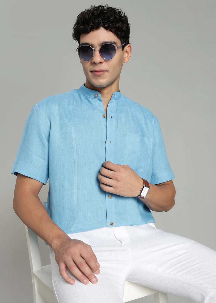 Trevor - Pure Linen Mandarin Collar Half Sleeve Shirt - Alaskan Blue