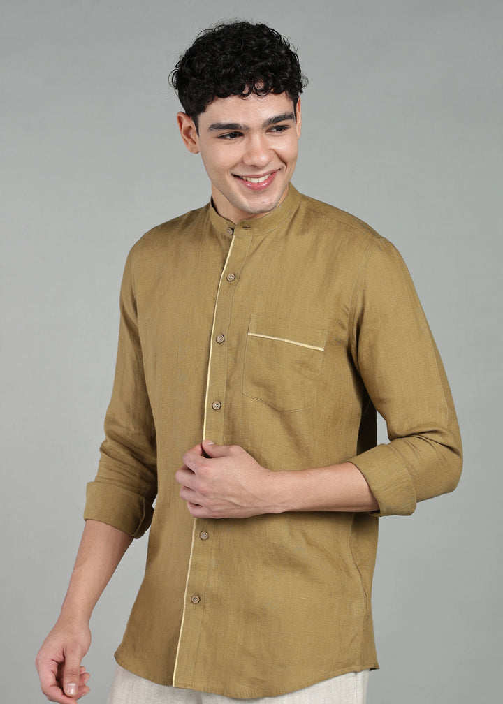 Kiran - Full Sleeve Shirt with Kasavu Inset Detail  - Golden Olive Green