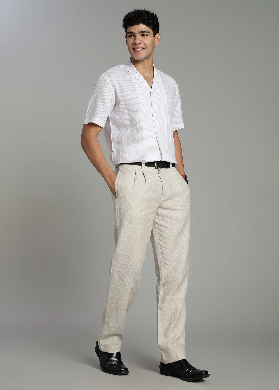 Nathan - Cuban Collar Pure Linen Half Sleeve Shirt - Brown Pinstripe