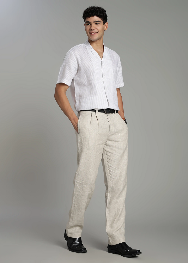 Nathan - Cuban Collar Pure Linen Half Sleeve Shirt - Brown Pinstripe